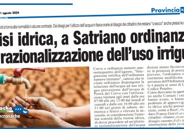 CRISI IDRICA, A SATRIANO ORDINANZA DI RAZIONALIZZAZIONE DELL'USO IRRIGUO