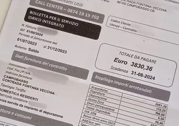 Bolletta choc dell'<b>acqua</b> da quasi 4mila euro recapitata ad una utente molisana