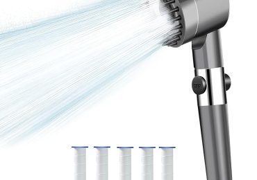 Soffione doccia ad alta pressione con filtro, a <b>risparmio idrico</b> con 3 + 1 tipi di getto, doccetta ...